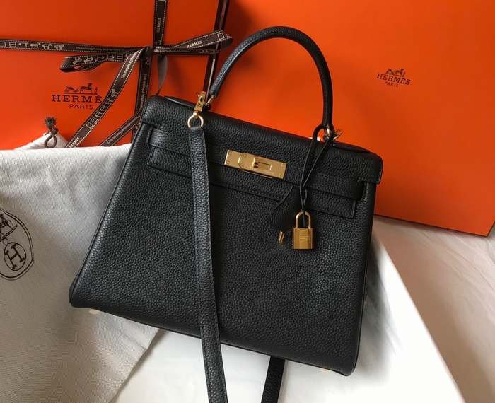 Hermes Kelly Bag With Sling black front side
