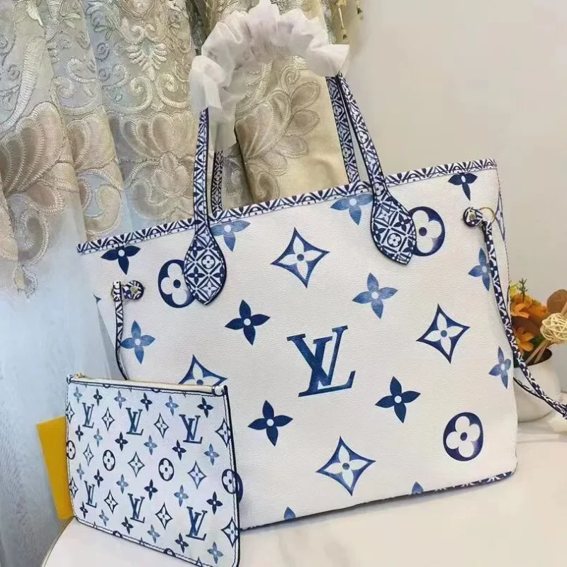 LV High Quality Tote Bag Soft Leather Shopping Bag 2pcs white