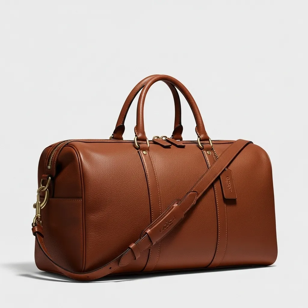 Brown leather Coach travel duffle bag product shot