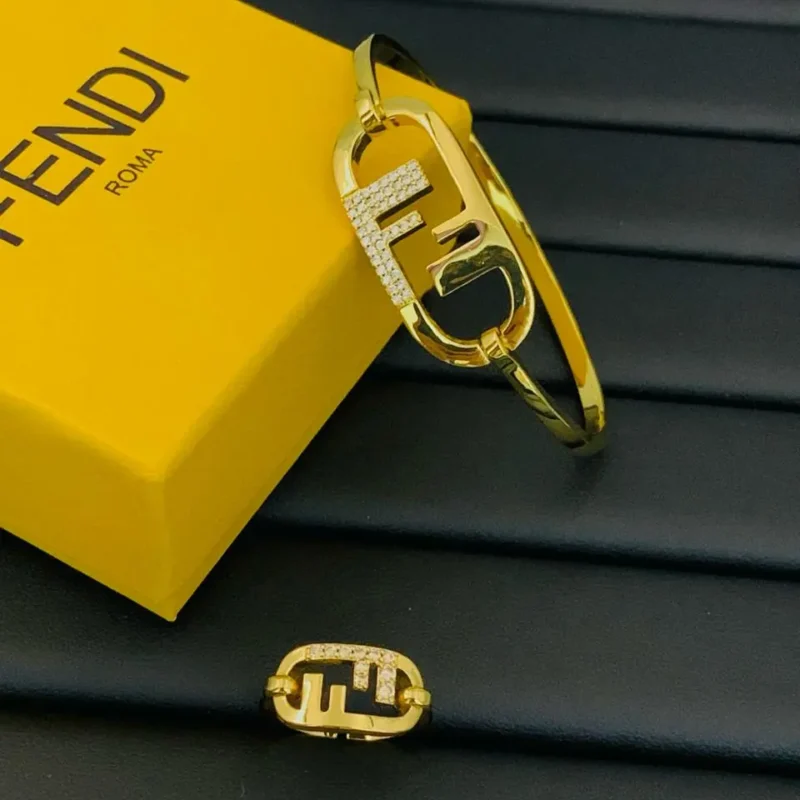 Fendi Gold Tone Crystal Bracelet & Ring