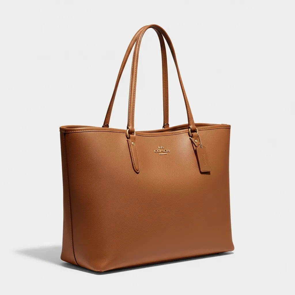 Tan leather Coach tote bag product shot